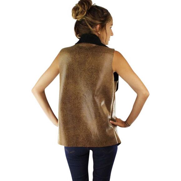 Vegan Leather Fur Lined Vest With Collar - Picture 3 of 8
